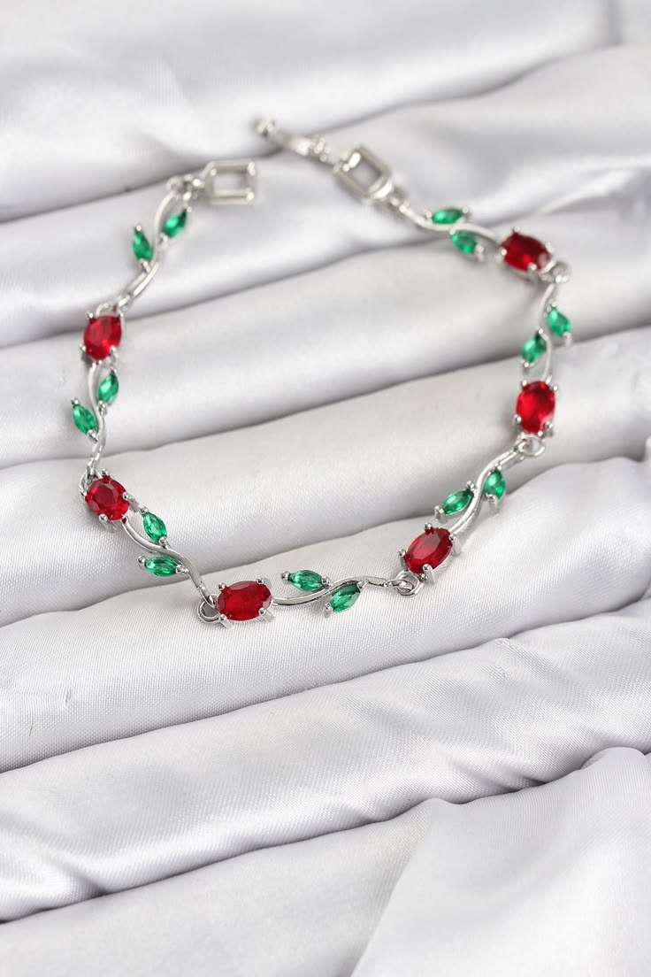 Green red - silver tulip bracelet